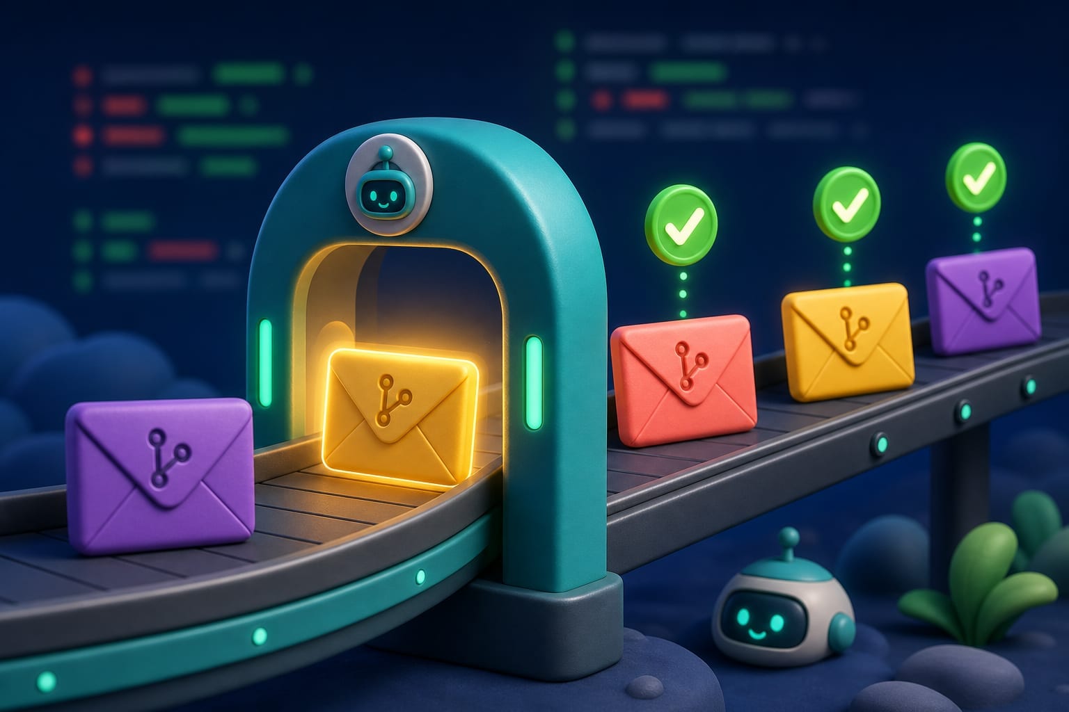 Illustration of pull request envelopes moving through an automated scanning archway and receiving green checkmarks