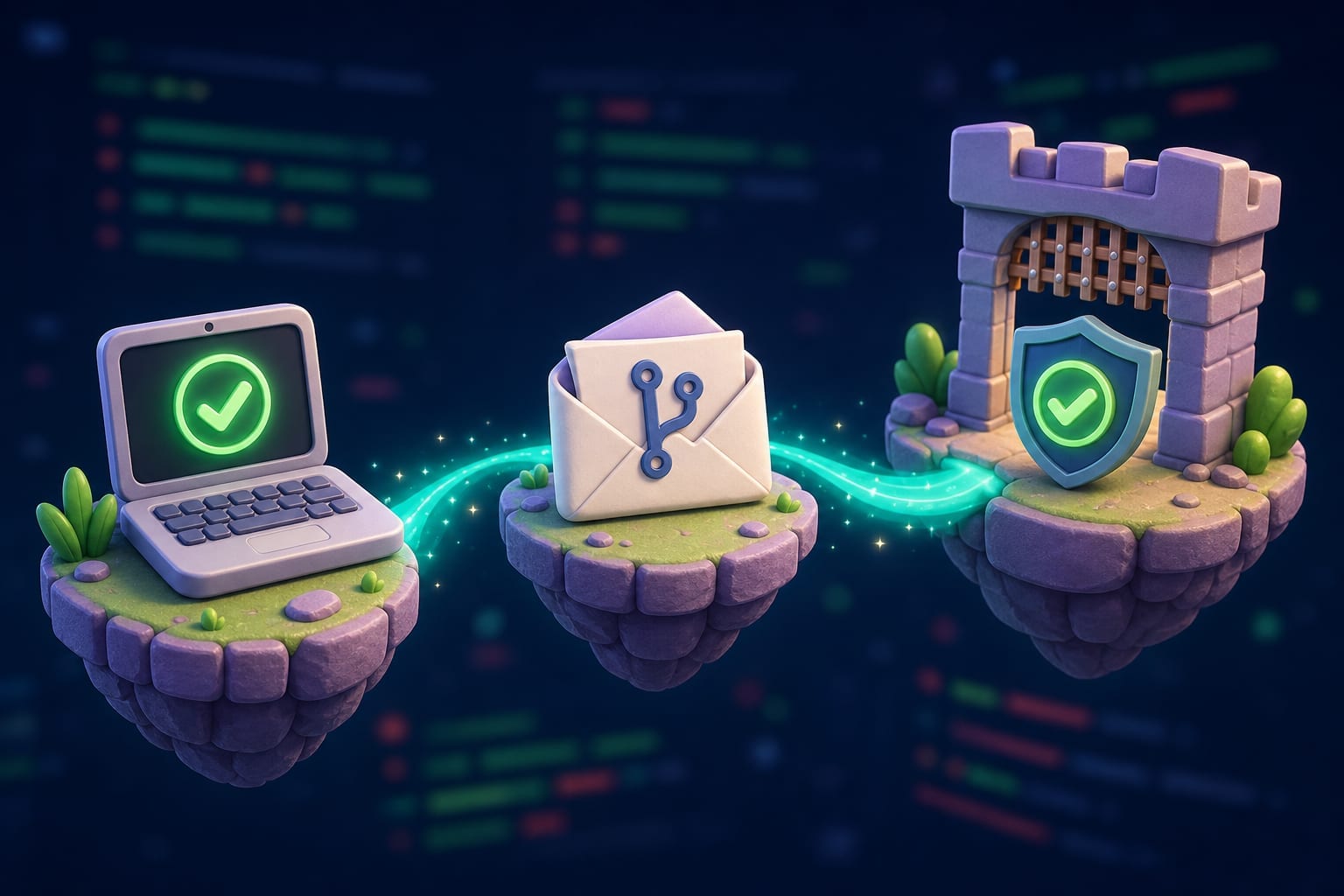 Illustration of three connected platforms from a laptop through a pull request envelope to a shield merge gate