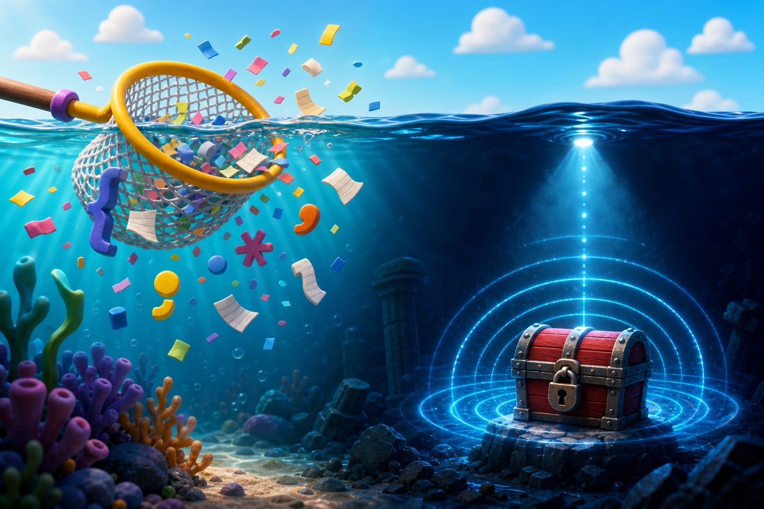 Illustration comparing a surface butterfly net catching stylistic debris with deep sonar revealing a locked security chest
