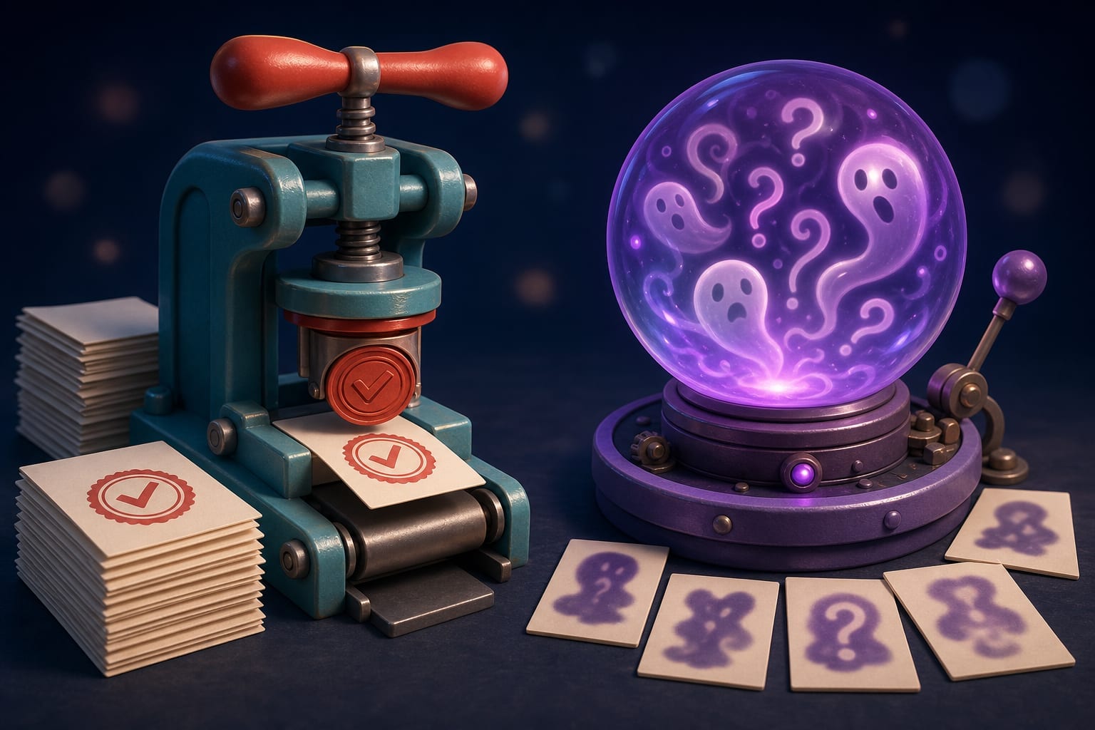 Illustration of an identical stamp press beside a shifting crystal ball, contrasting reproducible and variable review